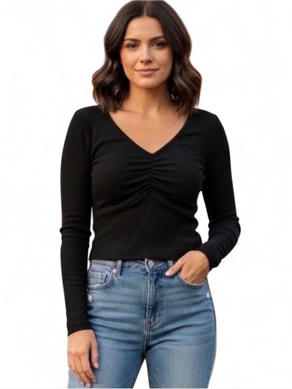 Blooming Jelly Long Sleeve V-neck Ribbed stretch Black Top Womens Size Large